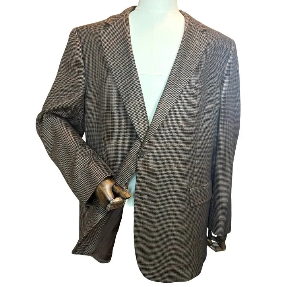 Jos. A. Bank Signature Blazer 48L Silk Camel Hair Sport Coat Brown Houndstooth